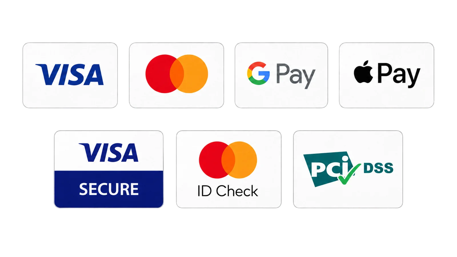 Visa, Mastercard, Google Pay, Apple Pay and payment security logos